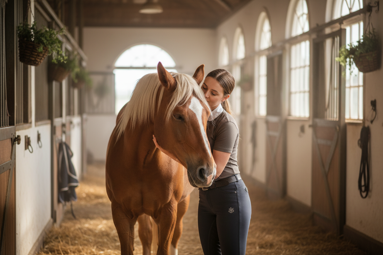 A calm and heartwarming scene of a rider gently stroking their horse inside a light-colored, airy stable. The rider is relaxed, showing trust and connection with the horse. Soft natural light fills the stable, creating a warm and peaceful atmosphere. The horse is calm and content. Realistic photography style, minimal distractions in the background, high-quality, suitable for a website homepage. Focus on the bond and gentle interaction between horse and rider.