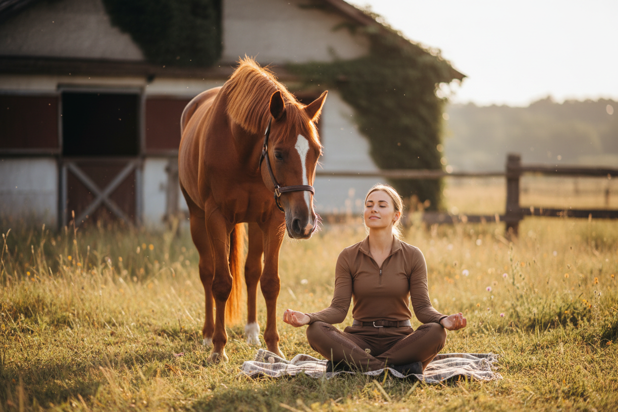 A calm and inspiring scene of a rider sitting quietly next to their horse in a peaceful stable or outdoor setting. The rider is practicing mindfulness or mental focus exercises, showing calm, confidence, and a strong bond with their horse. Soft natural light, warm and soothing colors, realistic photography style. The horse is relaxed and attentive, highlighting trust and connection. Minimal background distractions, professional and high-quality image suitable for a website about mental coaching for riders.