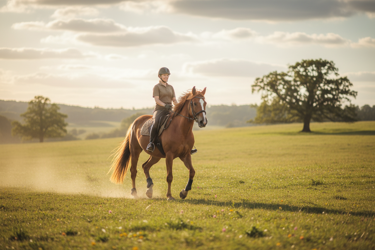 A calm, authentic scene of a rider and their horse riding together in harmony. The rider sits relaxed and confident, the horse moves smoothly and willingly. Soft natural light, warm tones, peaceful countryside setting. The focus is on connection, balance and trust between horse and rider. Natural, realistic photography style, no dramatic poses, no competition atmosphere, minimal background distractions. High-quality, professional, suitable for a website homepage.